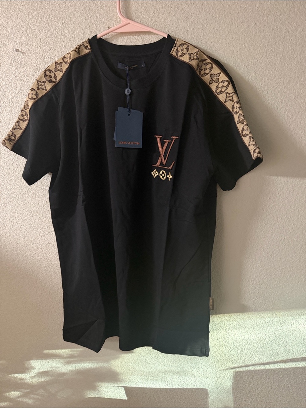 Louis Vuitton Black T-Shirt with Beige Monogram Shoulder Trim